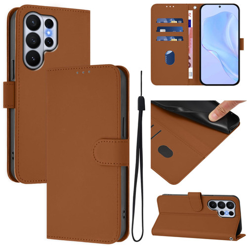 Samsung Galaxy S26 UItra Skin Feel Solid Color Leather Phone Case with Lanyard - Brown