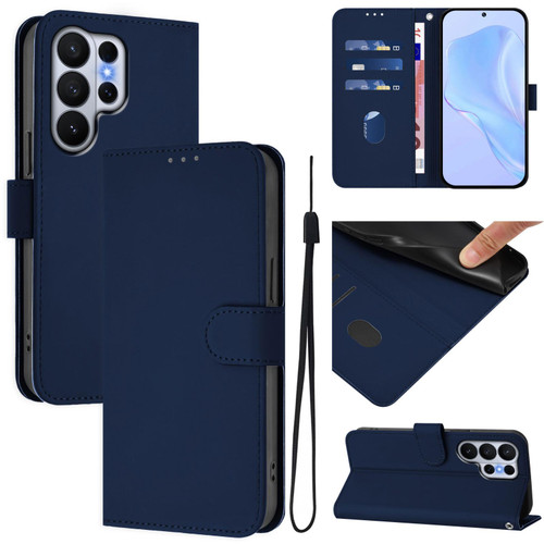 Samsung Galaxy S26 UItra Skin Feel Solid Color Leather Phone Case with Lanyard - Navy Blue