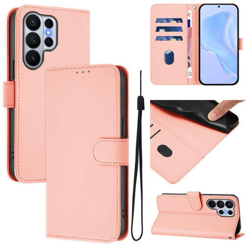 Samsung Galaxy S26 UItra Skin Feel Solid Color Leather Phone Case with Lanyard - Pink