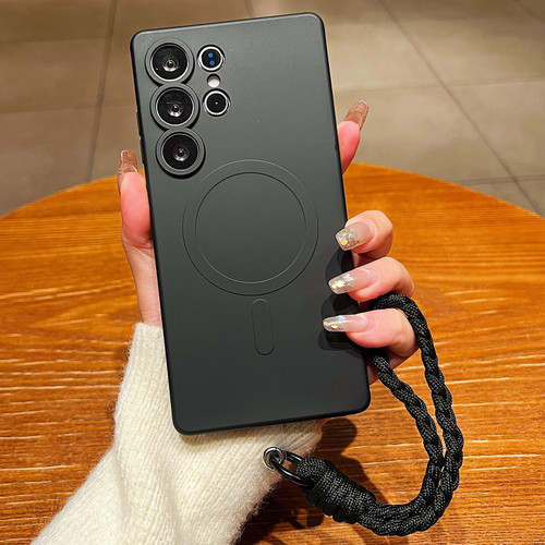 Samsung Galaxy S26 UItra Solid Color Liquid Silicone Magnetic Phone Case with Lanyard - Black