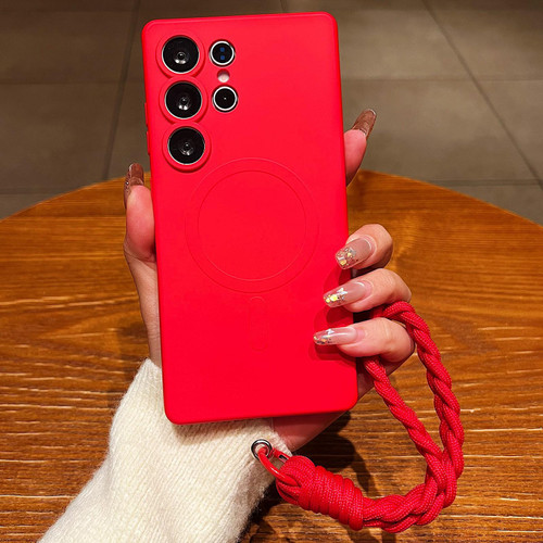 Samsung Galaxy S26 UItra Solid Color Liquid Silicone Magnetic Phone Case with Lanyard - Red