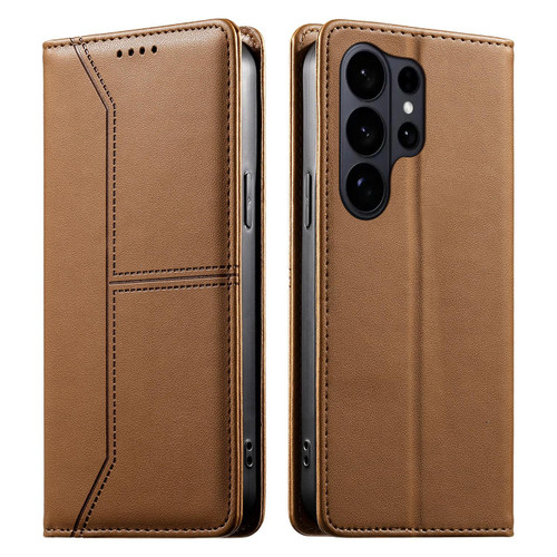 Samsung Galaxy S26 UItra Stitched Line Magnetic RFID Vegan Leather Phone Case - Brown