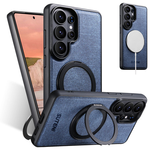Samsung Galaxy S26 UItra Suteni G3 360 Rotation Holder MagSafe Denim Leather Back Phone Case - Blue