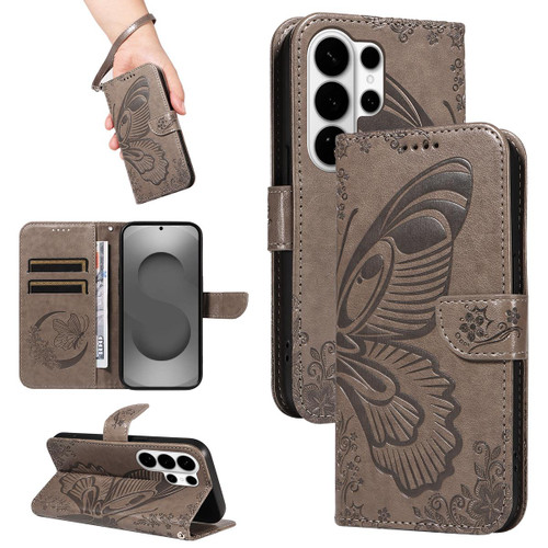 Samsung Galaxy S26 UItra Swallowtail Butterfly Embossed Leather Phone Case - Grey