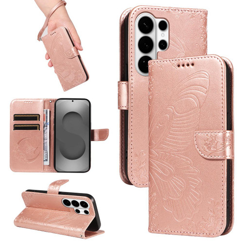 Samsung Galaxy S26 UItra Swallowtail Butterfly Embossed Leather Phone Case - Rose Gold