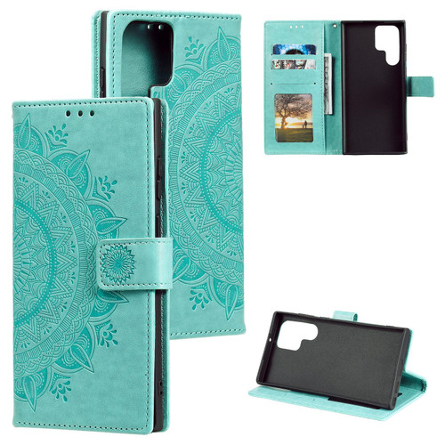 Samsung Galaxy S26 UItra Totem Flower Embossed Leather Phone Case with Lanyard - Green