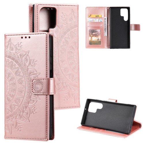 Samsung Galaxy S26 UItra Totem Flower Embossed Leather Phone Case with Lanyard - Rose Gold