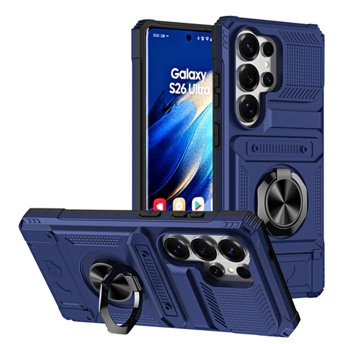 Samsung Galaxy S26 UItra TPU Hybrid PC Shockproof Card Phone Case with Metal Ring Holder - Blue