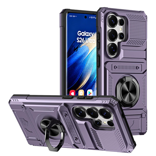 Samsung Galaxy S26 UItra TPU Hybrid PC Shockproof Card Phone Case with Metal Ring Holder - Purple