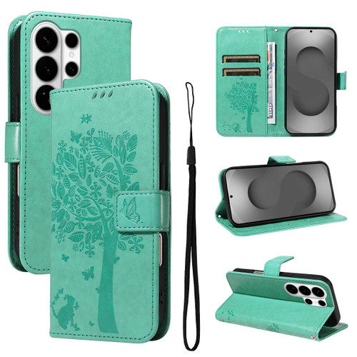 Samsung Galaxy S26 UItra Tree & Cat Embossed Pattern Flip Leather Phone Case - Green