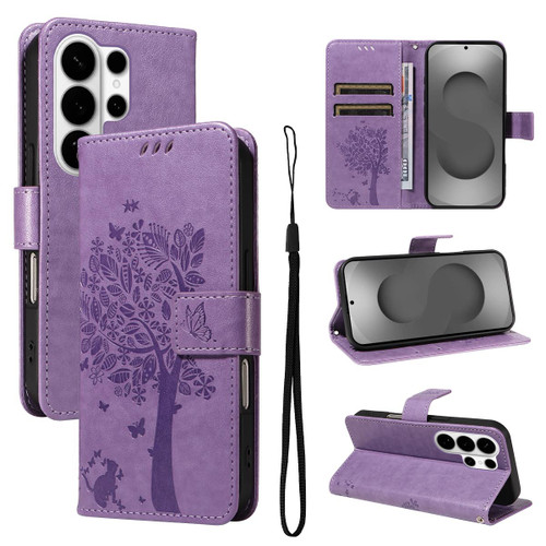 Samsung Galaxy S26 UItra Tree & Cat Embossed Pattern Flip Leather Phone Case - Light Purple