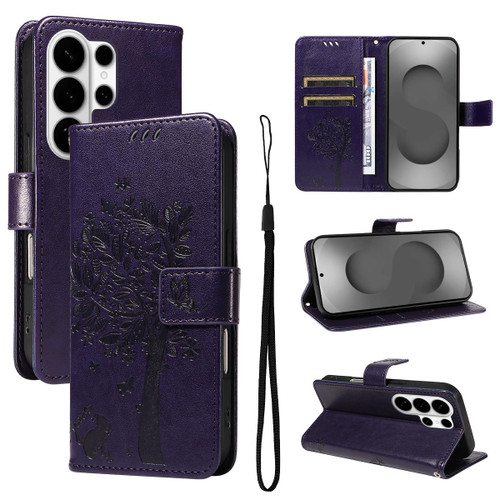 Samsung Galaxy S26 UItra Tree & Cat Embossed Pattern Flip Leather Phone Case - Purple