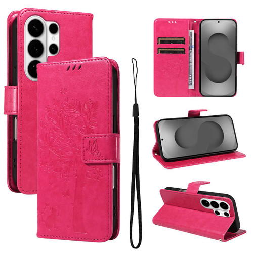 Samsung Galaxy S26 UItra Tree & Cat Embossed Pattern Flip Leather Phone Case - Rose Red