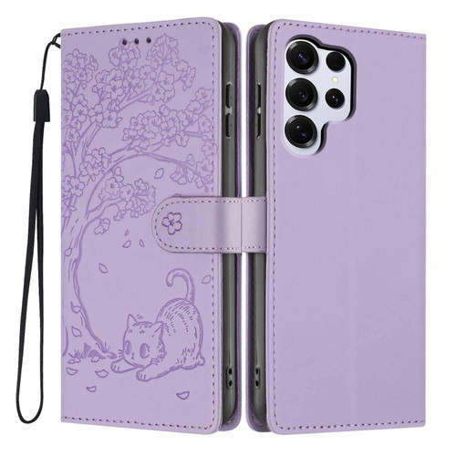 Samsung Galaxy S26 UItra Tree Cat Embossed Flip Vegan Leather Phone Case - Purple