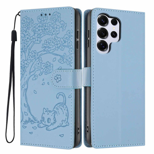 Samsung Galaxy S26 UItra Tree Cat Embossed Flip Vegan Leather Phone Case - Sky Blue