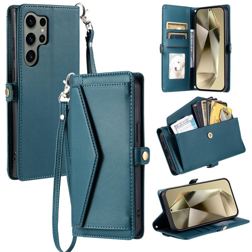 Samsung Galaxy S26 UItra Wallet Multi-card Slot Leather Phone Case with Lanyard - Green
