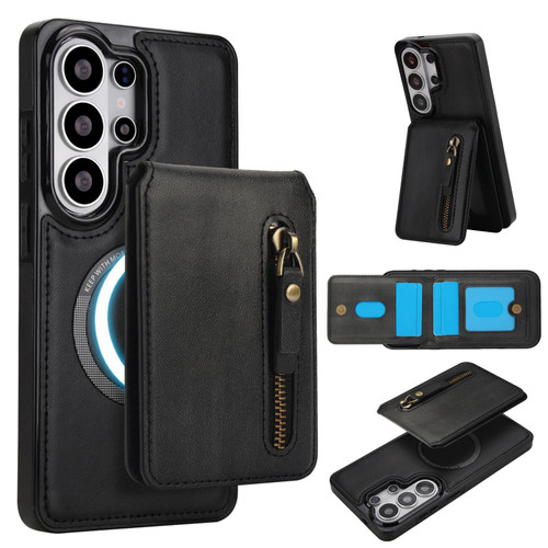 Samsung Galaxy S26 UItra Zipper Wallet Split MagSafe Leather Back Phone Case - Black