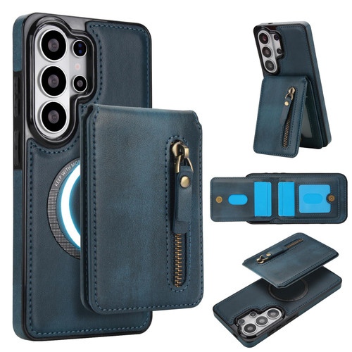 Samsung Galaxy S26 UItra Zipper Wallet Split MagSafe Leather Back Phone Case - Blue