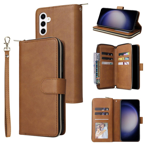 Samsung Galaxy S26+ 9-Card Slots Zipper Wallet Bag Leather Phone Case - Brown