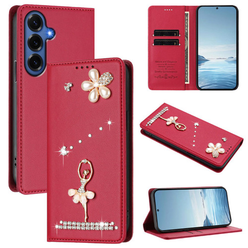 Samsung Galaxy S26+ Ballet Girl Diamond Studded RFID Vegan Leather Phone Case - Wine Red