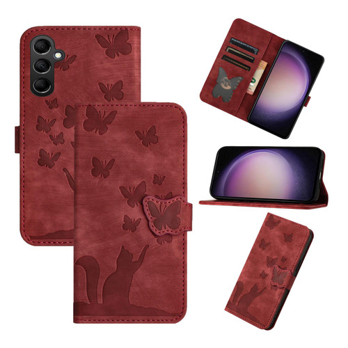 Samsung Galaxy S26+ Butterfly Cat Embossing Flip Leather Phone Case - Red