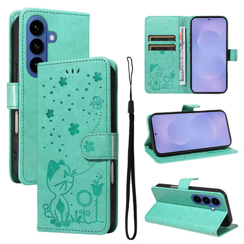 Samsung Galaxy S26+ Cat and Bee Embossed Flip Leather Phone Case - Green