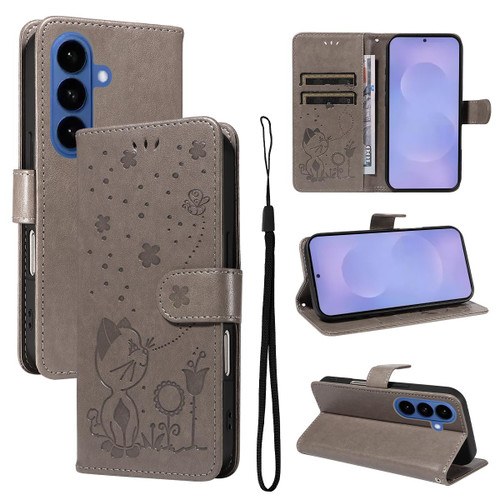 Samsung Galaxy S26+ Cat and Bee Embossed Flip Leather Phone Case - Grey