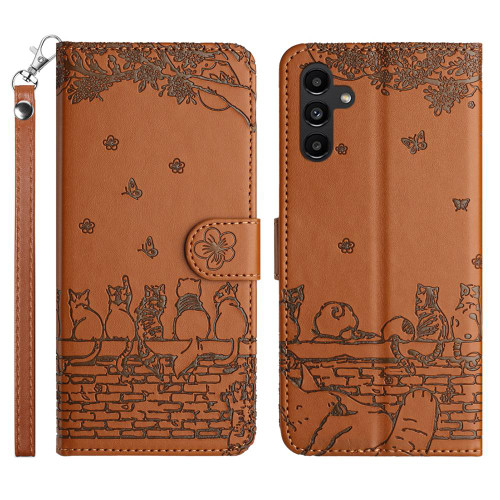 Samsung Galaxy S26+ Cat Embossing Pattern Leather Phone Case with Lanyard - Brown