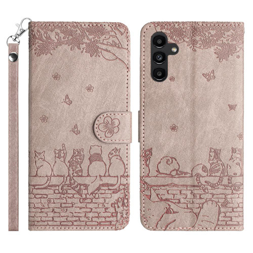 Samsung Galaxy S26+ Cat Embossing Pattern Leather Phone Case with Lanyard - Grey
