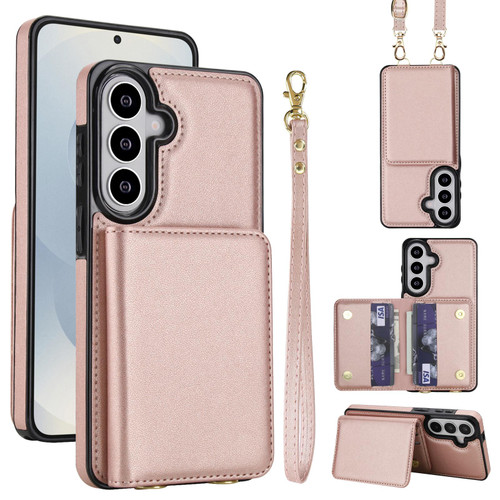 Samsung Galaxy S26+ Crossbody Dual-buckle Wallet RFID Back Leather Phone Case - Rose Gold