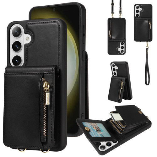 Samsung Galaxy S26+ Crossbody Lanyard Zipper Wallet Leather Phone Case - Black
