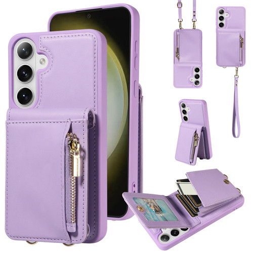 Samsung Galaxy S26+ Crossbody Lanyard Zipper Wallet Leather Phone Case - Purple