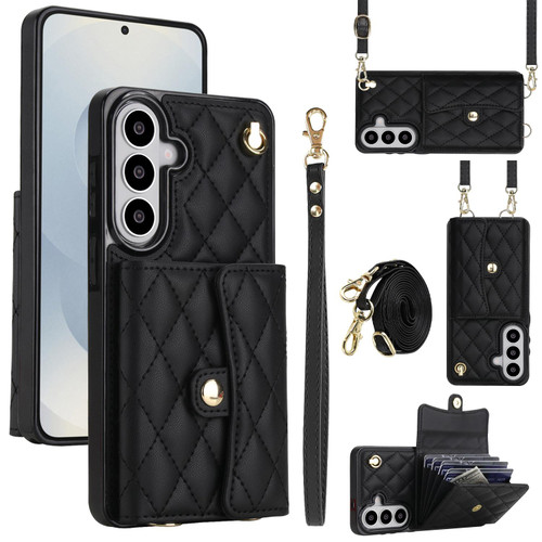 Samsung Galaxy S26+ Crossbody Rhombic Horizontal Wallet Leather Phone Case - Black