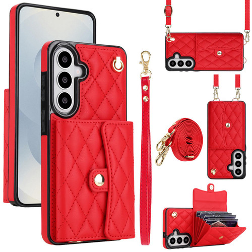 Samsung Galaxy S26+ Crossbody Rhombic Horizontal Wallet Leather Phone Case - Red