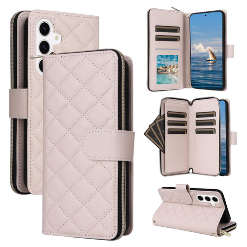 Samsung Galaxy S26+ Crossbody Rhombic Zipper Tower Buckle Leather Phone Case with Lanyard - Beige