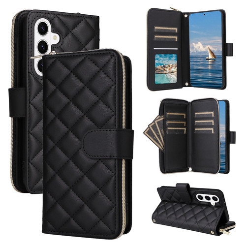 Samsung Galaxy S26+ Crossbody Rhombic Zipper Tower Buckle Leather Phone Case with Lanyard - Black