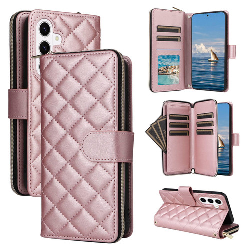 Samsung Galaxy S26+ Crossbody Rhombic Zipper Tower Buckle Leather Phone Case with Lanyard - Rose Gold