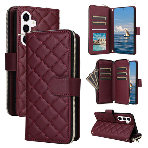 Samsung Galaxy S26+ Crossbody Rhombic Zipper Tower Buckle Leather Phone Case with Lanyard - Wine Red