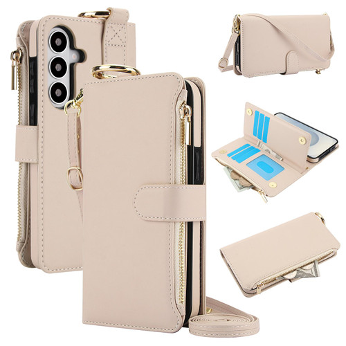 Samsung Galaxy S26+ Crossbody Ring Multifunctional Wallet Leather Phone Case - White
