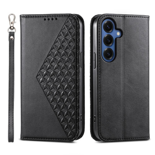 Samsung Galaxy S26+ Cubic Grid Calf Texture Magnetic Leather Phone Case - Black