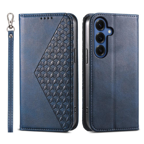Samsung Galaxy S26+ Cubic Grid Calf Texture Magnetic Leather Phone Case - Blue