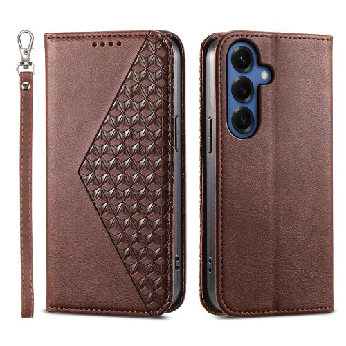 Samsung Galaxy S26+ Cubic Grid Calf Texture Magnetic Leather Phone Case - Brown