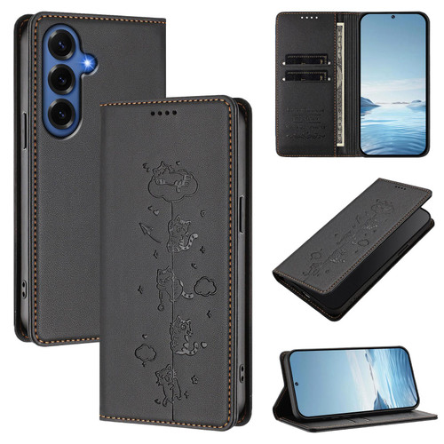Samsung Galaxy S26+ Cute Cats Embossed Magnetic RFID Vegan Leather Phone Case - Black