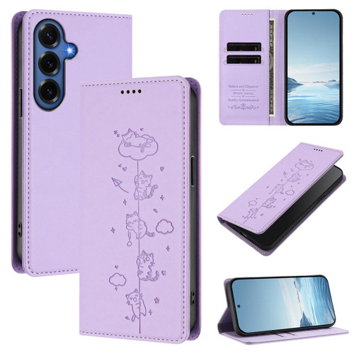 Samsung Galaxy S26+ Cute Cats Embossed Magnetic RFID Vegan Leather Phone Case - Light Purple