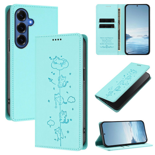 Samsung Galaxy S26+ Cute Cats Embossed Magnetic RFID Vegan Leather Phone Case - Mint Green