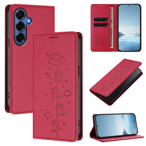 Samsung Galaxy S26+ Cute Cats Embossed Magnetic RFID Vegan Leather Phone Case - Red