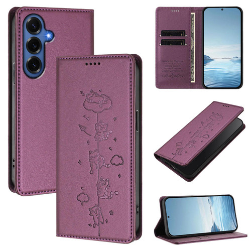 Samsung Galaxy S26+ Cute Cats Embossed Magnetic RFID Vegan Leather Phone Case - Violet Purple