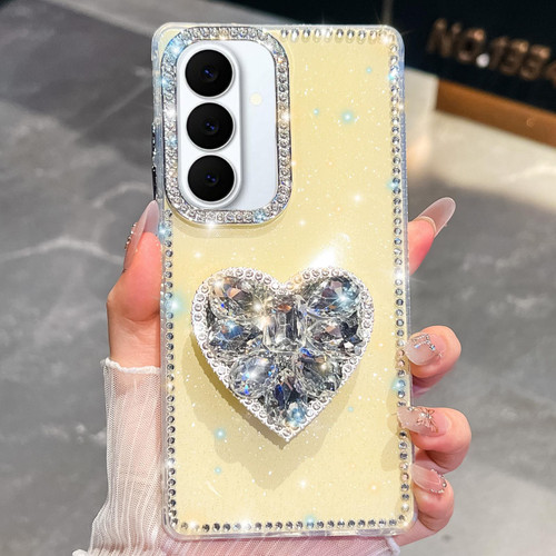 Samsung Galaxy S26+ Diamond Glitter Gemstone Heart Holder Phone Case - Light Yellow