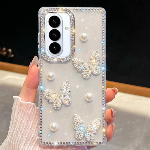 Samsung Galaxy S26+ Diamond Glitter Pearl Butterfly Four-Corner Shockproof Phone Case - Transparent