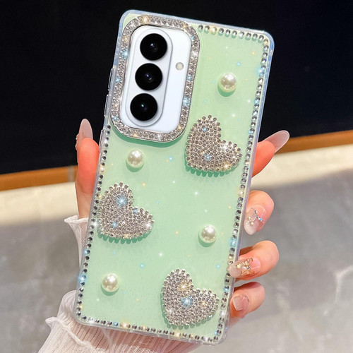 Samsung Galaxy S26+ Diamond Glitter Pearl Heart Four-Corner Shockproof Phone Case - Light Green